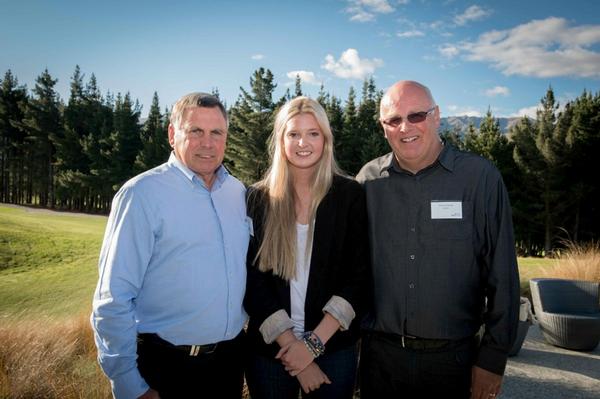 NZPGA Championship organisers John Hart (L) and Michael Glading (R) with singer Jamie McDell at an event launch at The Hills, Queenstown.